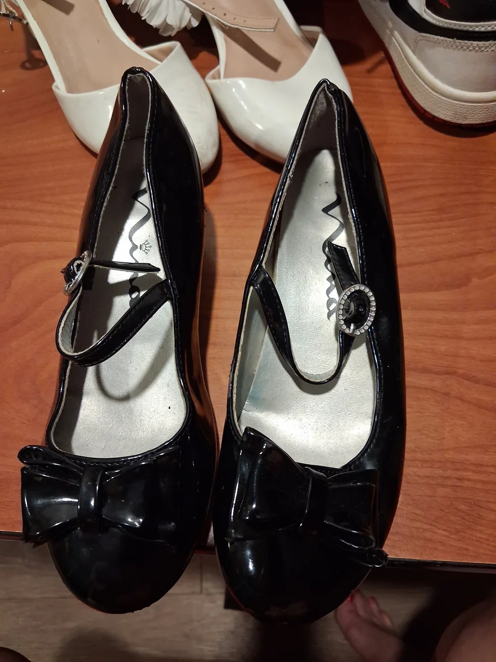 Nina Black Patent Mary Jane Flats with Bow and Buckle